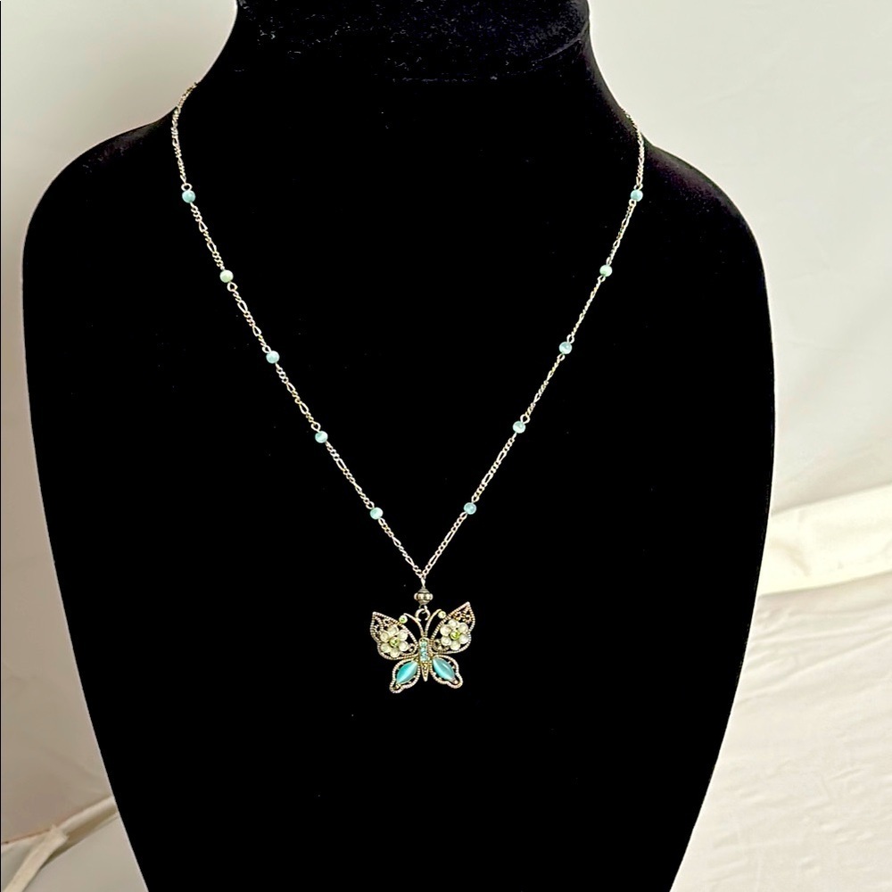 Green and blue stone butterfly pendant necklace on antique silver color chain